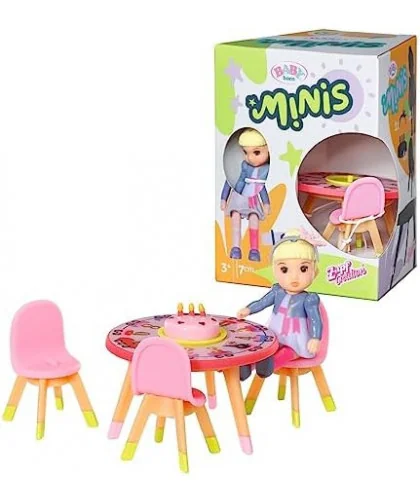 BABY born 906170 Minis Sada s narodeninovým stolom, stoličkami a bábikou